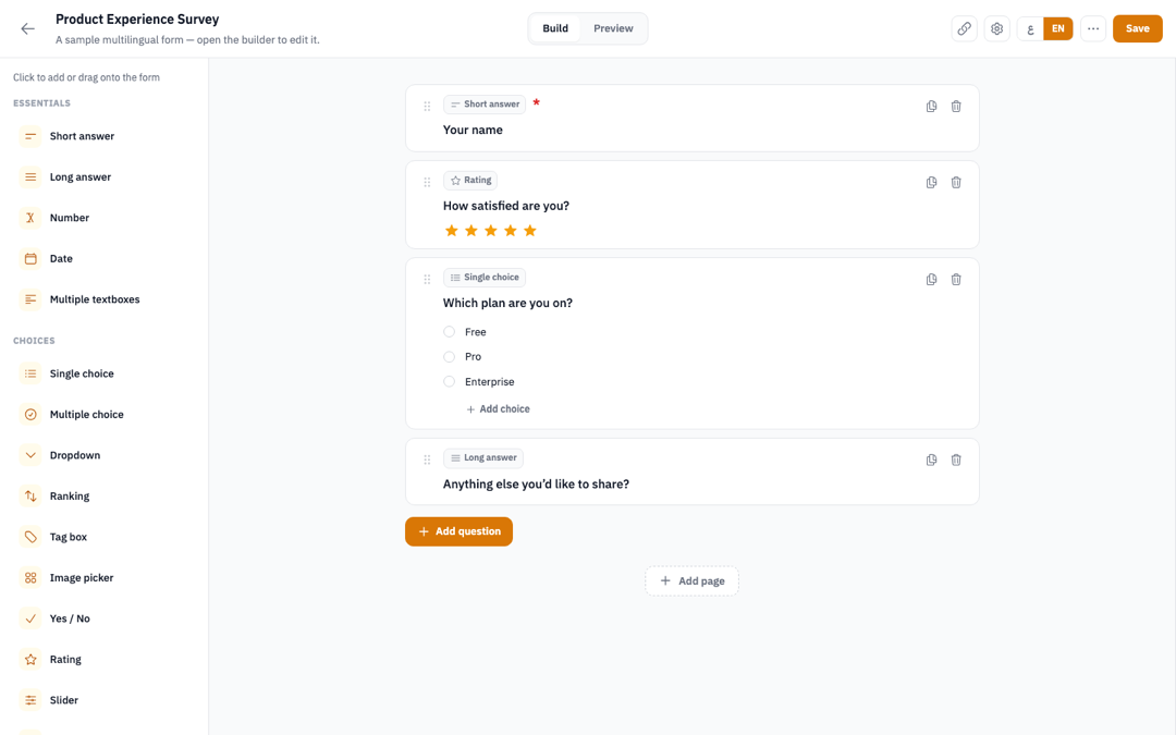 The visual builder: a field palette on the left, the form canvas with rating and choice questions on the right