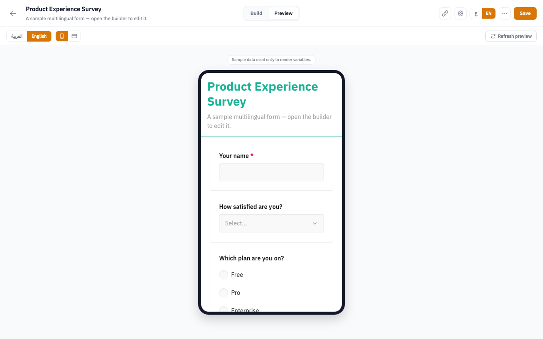 The Schemava designer previewing a form in English