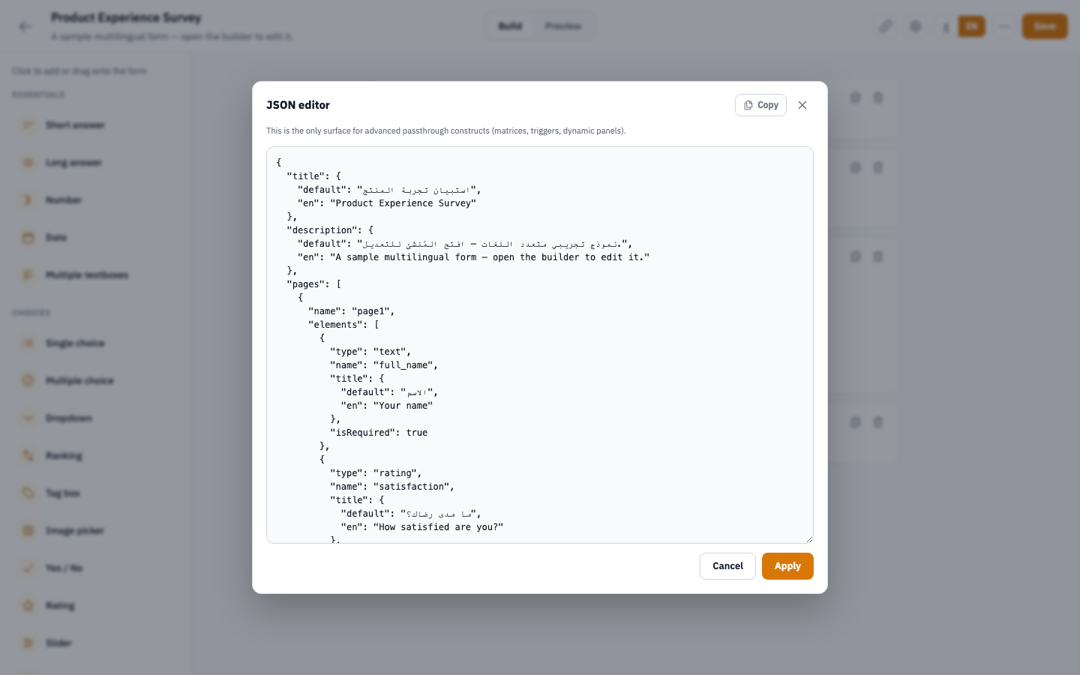 The JSON editor showing the schema as plain SurveyJS JSON with default and per-locale strings