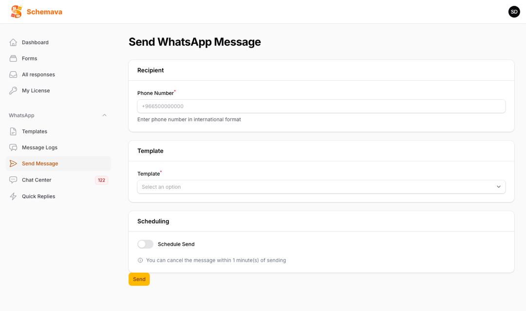 The send message screen: recipient, template picker, and scheduling with a cancellation window notice